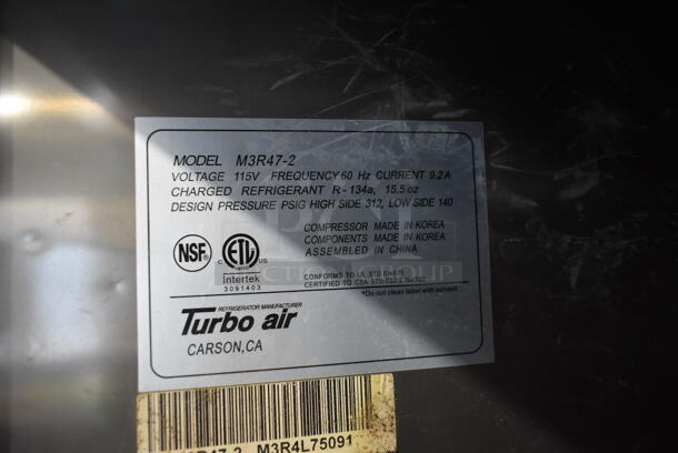 Turbo Air M3R47-2 Stainless Steel Commercial 2 Door Reach In Cooler w/ Poly Coated Racks. 115 Volts, 1 Phase. Tested and Working! - Image 7 of 7