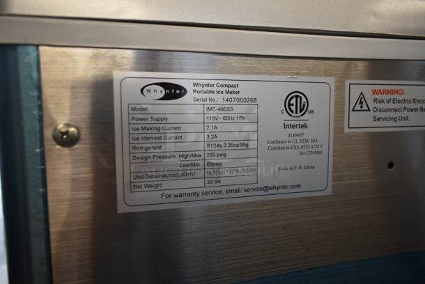 BRAND NEW SCRATCH AND DENT! Whynter IMC-490SS Portable 49lb Freestanding Stainless Steel Ice Maker. 115 Volts, 1 Phase. Tested and Working! - Image 7 of 8