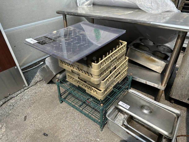 ALL ONE MONEY! Lot of Metro Green Finish 2 Tier Wire Shelving Unit, Dish Caddies and Metal Panel. - Image 2 of 5