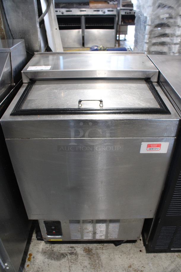 Glastender Model MF24-SF2 Stainless Steel Commercial Back Bar Glass Chiller Cooler w/ Sliding Lid on Commercial Casters. 115 Volts, 1 Phase. 24x24x38. Tested and Working!