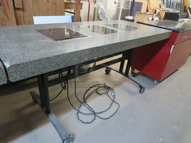 One Work Table With A Granite Look Top And 3 Electric Induction Burners On A Metal Base On Casters. Cracked See Pics.  72X32X36 - Image 4 of 6