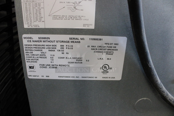 2010 Manitowoc Model SD0892N Stainless Steel Commercial Ice Machine Head. 208-230 Volts, 1 Phase. 30x25x26.5 - Image 4 of 5