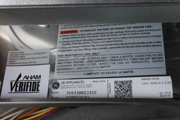 General Electric GE JVX3300SJ3SS Metal Vent Hood.  - Image 4 of 4