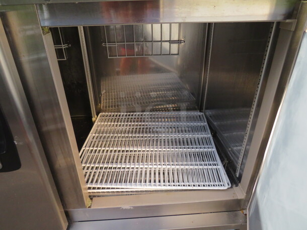 One WORKING Stainless Steel 2 Door Masterbilt Freezer With 4 Solid Doors, And 4 Shelves on Casters. Model# F49SH. 115 Volt. 55X31X84 - Image 4 of 4
