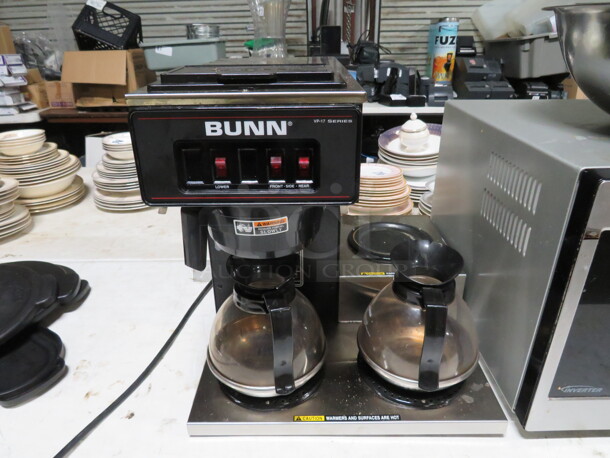 One Bunn VP-17 Series Coffee Brewer With Filter Basket, 2 Pots, And 2 Warmers. 120 Volt. 1670 Watt. 16X18X17