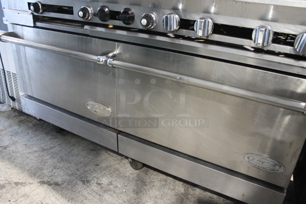 Dynamic Cooking Systems DCS 60-24G6-2N Stainless Steel Commercial Natural Gas Powered 6 Burner Range w/ Left Side Flat Top Griddle, 2 Ovens, Over Shelf and Back Splash on Commercial Casters. - Image 6 of 11