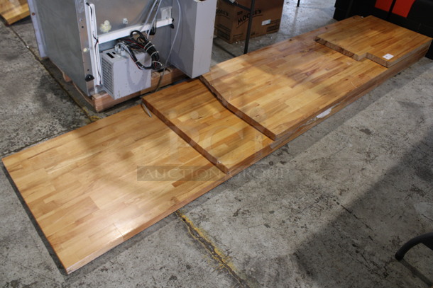 4 Various Wooden Butcher Block Tabletops. 37x24x2, 84x29.5x2, 97x29.5x2, 130x29.5x2. 4 Times Your Bid!