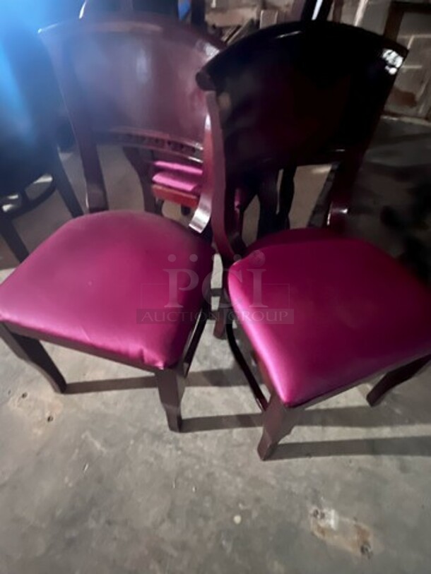 Four Wood Framed Chairs W/Maroon Seats 19X18X33. 3 Times Your Bid!
