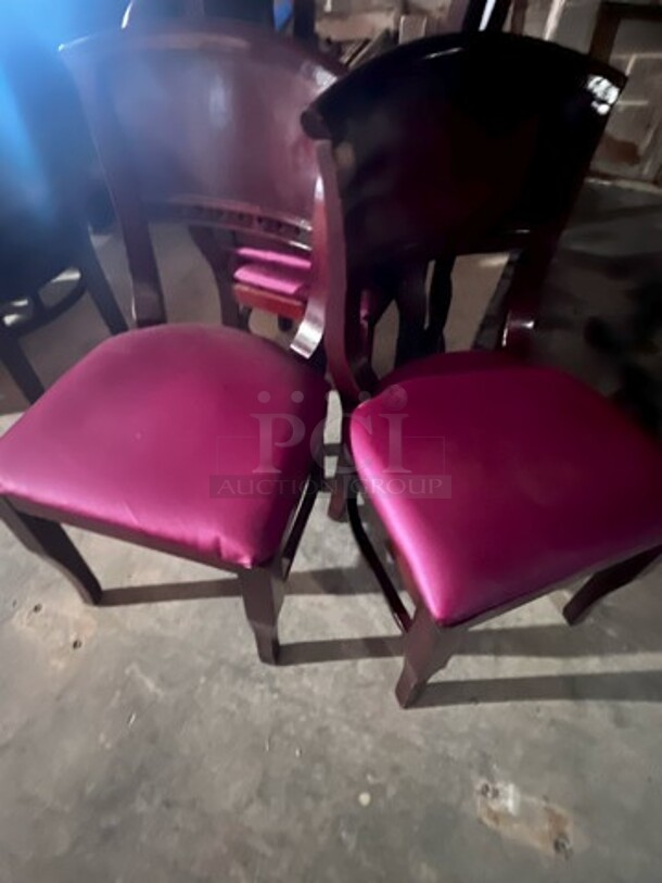 Four Wood Framed Chairs W/Maroon Seats 19X18X33. 3 Times Your Bid!
 - Image 1 of 1