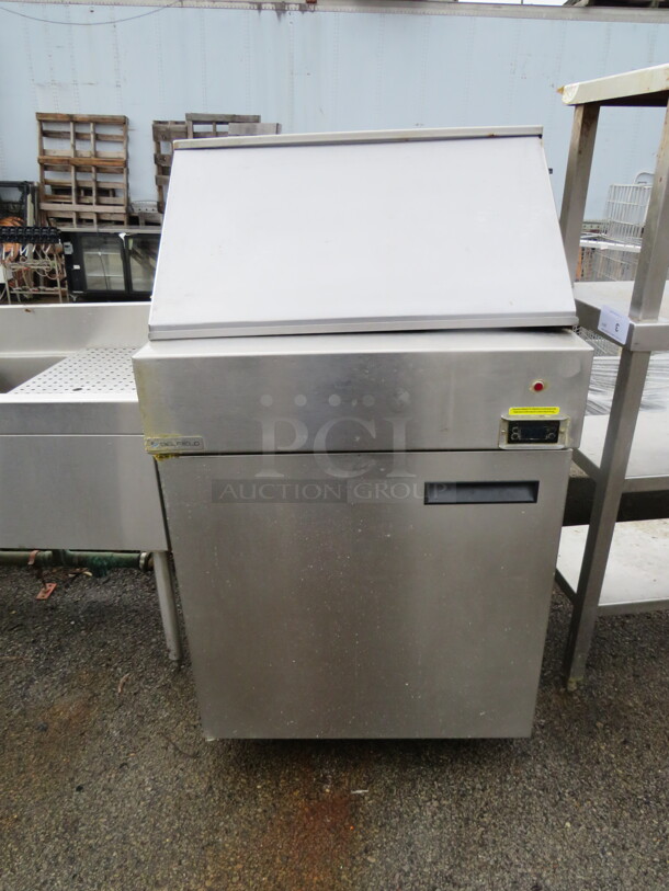 One WORKING Delfield 1 Door Refrigerated Prep Table With 2 Racks On Casters. Model#  18MC27P-BI. 115 Volt. 27X32X49