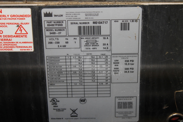 2010 Taylor 340D-27 Stainless Steel Commercial Countertop Air Cooled Single Flavor Frozen Beverage Machine w/ Drink Mixer Attachment. 208-230 Volts, 1 Phase. - Image 6 of 6