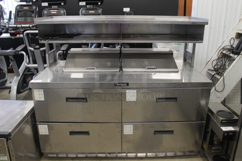 Delfield Stainless Steel Commercial Sandwich Salad Prep Table Bain Marie Mega Top w/ 4 Drawers and Over Shelf on Commercial Casters. Tested and Powers On But Does Not Get Cold