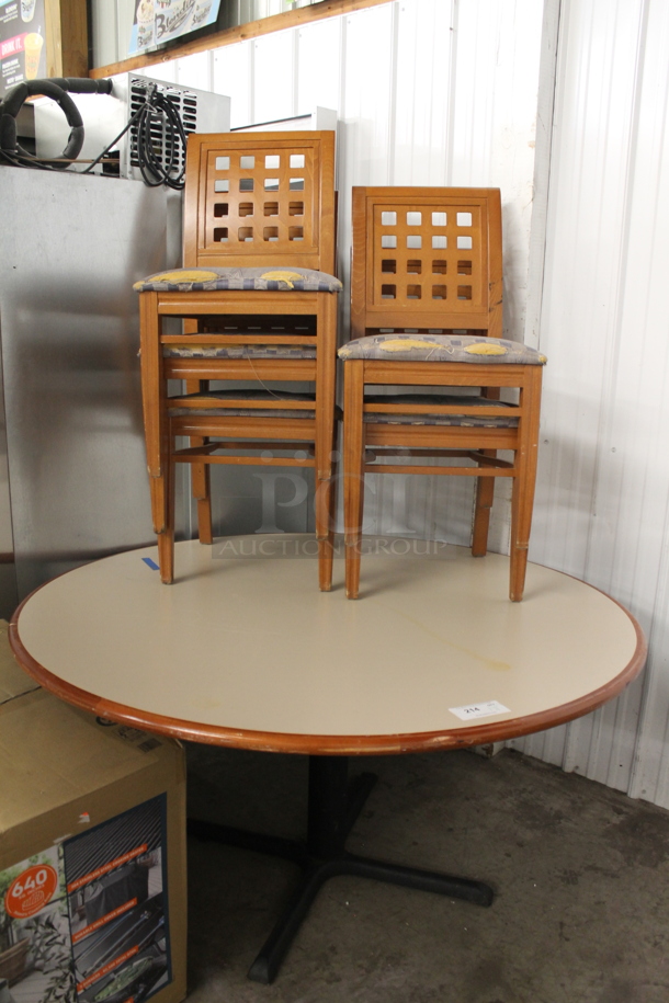 6 Items Including 5 Wooden Lattice Back Chairs With Patterned Cushioned Seat And 1 Round Table On X Prong Base. Cosmetic Condition May Vary. 6 Times Your Bid! 
Table: 59.5X59.5X30, Chairs: 18X16X36 - Image 1 of 7