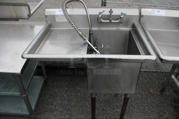 Duke Stainless Steel Commercial Single Bay Sink w/ Left Side Drainboard, Faucet, Handles and Spray Nozzle Attachment. 37x27x42. Bay 16x21x14. Drainboard 16x23x1