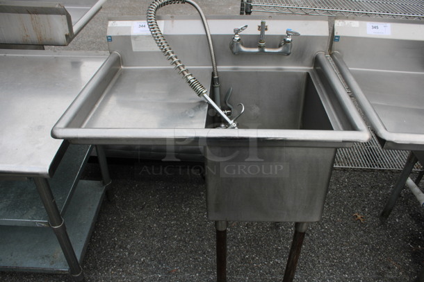 Duke Stainless Steel Commercial Single Bay Sink w/ Left Side Drainboard, Faucet, Handles and Spray Nozzle Attachment. 37x27x42. Bay 16x21x14. Drainboard 16x23x1 - Image 1 of 5