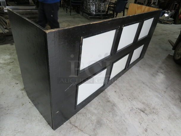 One BLACK WINDOW BAR! One Wooden Table Top Painted Black With 6 Rectangular Cutouts With White Plexiglass. 90X38X25. 