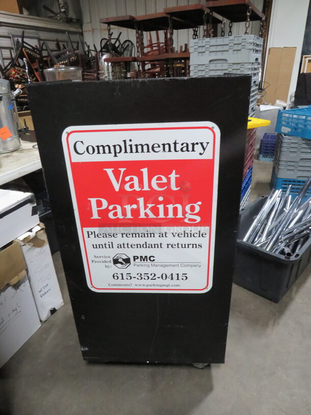 One Black Metal Valet/Hostess Stand With Umbrella Holder, Locking 1 Door/1 Drawer, On Casters. NO KEY! Will Hold 100 Car Keys. 24X19X48 - Image 2 of 5