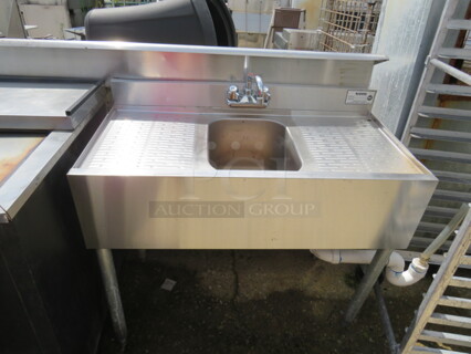 One Krowne Stainless Steel Under Bar Sink With Faucet, R/L Drain Board And Back Splash. 36X18.5X34