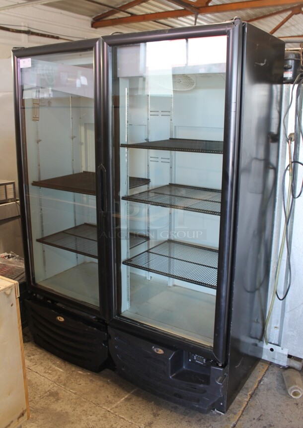 Vendo G342 Metal Commercial 2 Door Reach In Cooler Merchandiser w/ Poly Coated Racks. 115 Volts, 1 Phase. Tested and Powers On But Does Not Get Cold