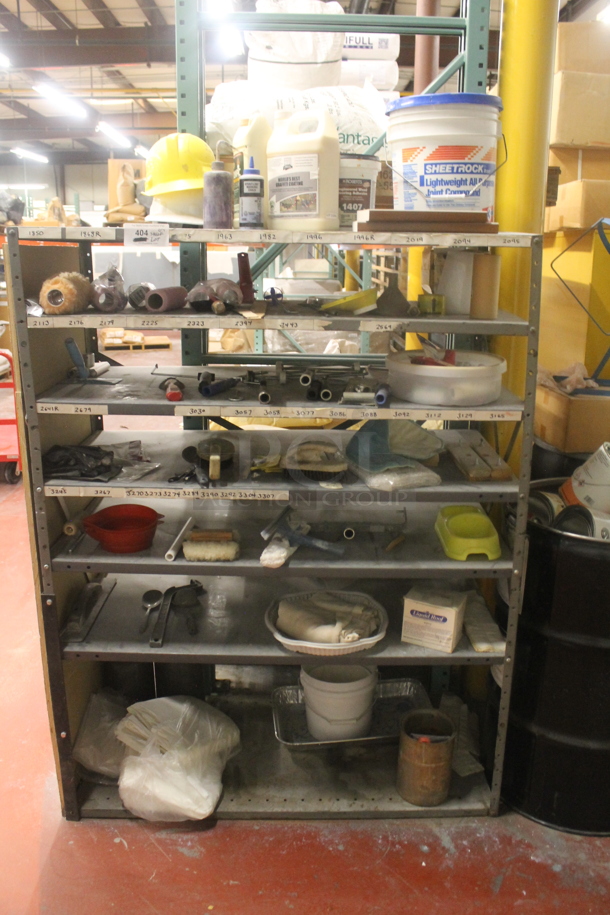 Gray Metal Shelving Unit w/ Contents Including Poly Bucket and Paint Roller Brushes. BUYER MUST REMOVE. - Image 1 of 9