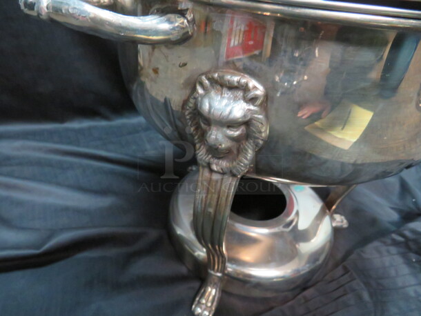 One Vintage Silver 13 Inch Round Chafer With Lid And Lions Head Legs.  - Image 2 of 4
