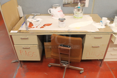 Tan 4 Drawer Desk w/ Contents and Office Chair.