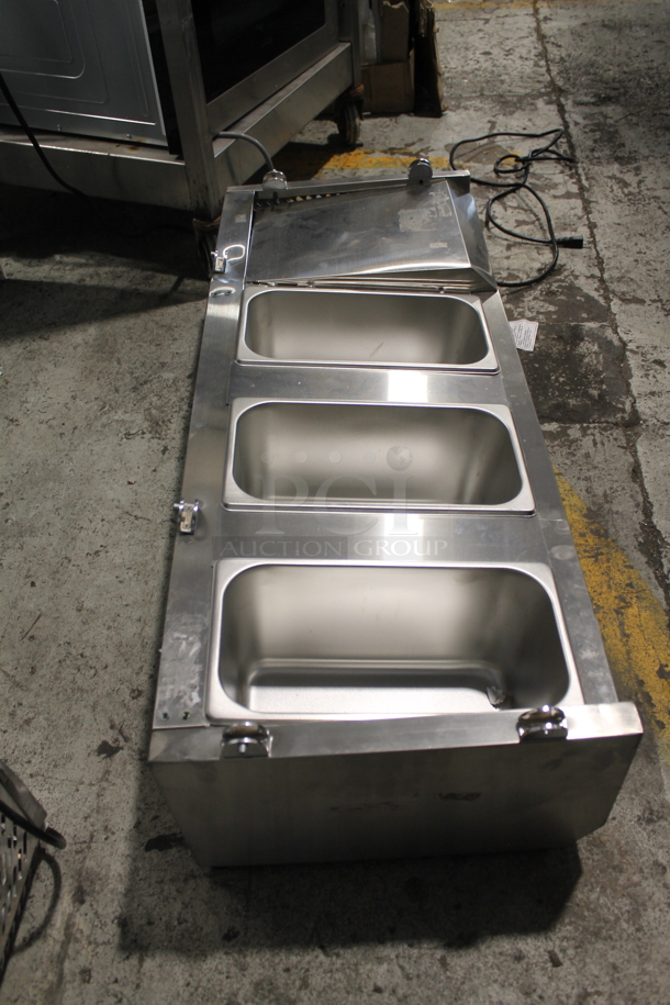 BRAND NEW SCRATCH AND DENT! KoolMore SCDC-3P-SSL Stainless Steel Commercial Countertop Refrigerated Rail w/ 3 Drop In Bins. 115 Volts, 1 Phase. Tested and Does Not Power On - Image 7 of 11