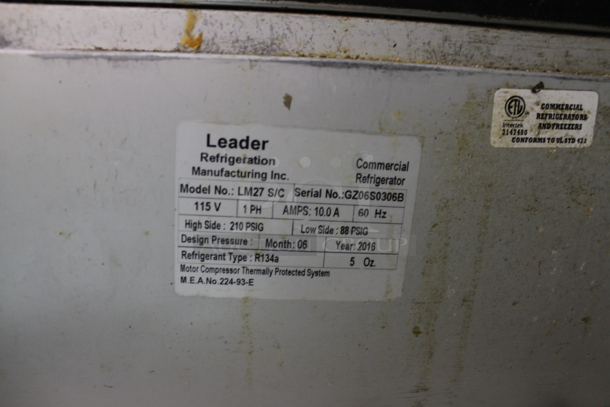 2016 Leader LM27 S/C Stainless Steel Commercial Sandwich Salad Prep Table Bain Marie Mega Top. 115 Volts, 1 Phase. Tested and Powers On But Does Not Get Cold - Image 4 of 4