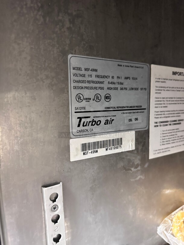 Working! Turbo Air MSF-49-NM Super Deluxe 54 inch Solid Door Reach-In Commercial Freezer NSF 115 Volt Tested and Working! - Image 7 of 9
