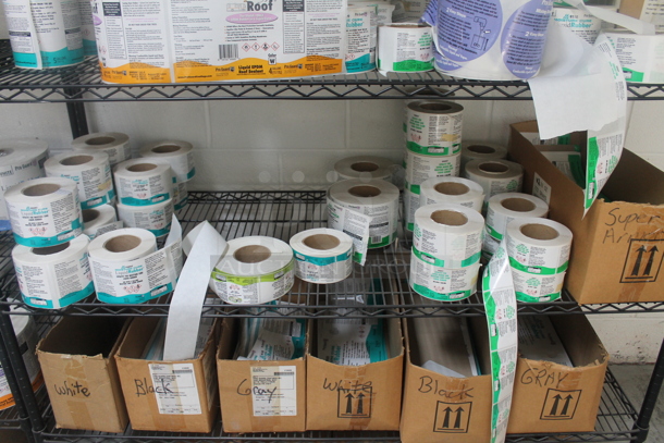 Black 4 Tier Wire Shelving Unit w/ Contents Including Labels on Commercial Casters. BUYER MUST REMOVE. - Image 7 of 8