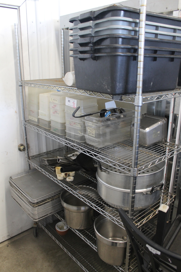 ALL ONE MONEY! Lot of Plastic Storage Containers, Steel Drop-In Bins, Steel Pots, Steel Baking Trays, 3 Vollrath Super Pans, Stainless Steel Check Presenters, AND MORE! DOES  NOT INCLUDE METRO SHELF!