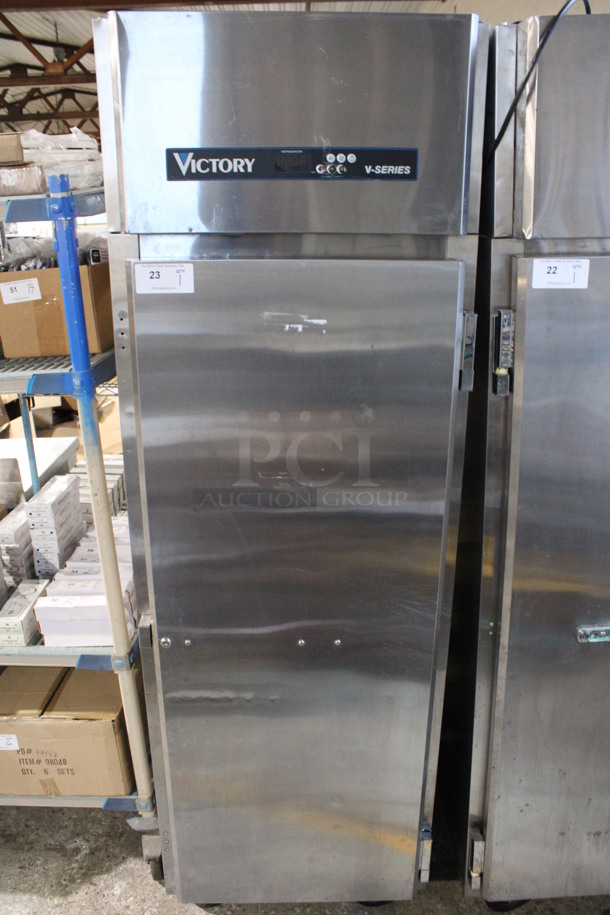 2013 Victory Model VR-SA-1D Stainless Steel Commercial Single Door Reach In Cooler w/ Poly Coated Racks on Commercial Casters. 115 Volts, 1 Phase. 26.5x34x84. Tested and Working!