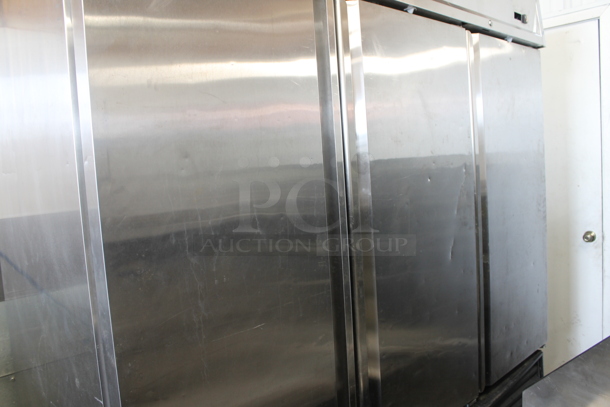 Universal RIFI-81 Stainless Steel Commercial 3 Door Reach In Cooler w/ Poly Coated Racks. Cannot Test Due To Missing Power Cord - Image 5 of 9