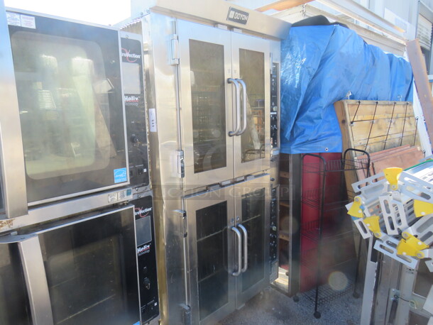 One WORKING Doyon Double Oven With 6 Racks On Casters. Working When Removed.  Model# JA14. 120/208 Volt. 3 Phase. 39X40X73