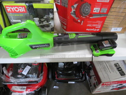 One Greenworks 24 Volt Blower With Battery.
