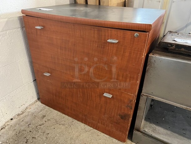 Wood Pattern 2 Drawer Filing Cabinet w/ Contents. 29x21x29 - Image 2 of 4