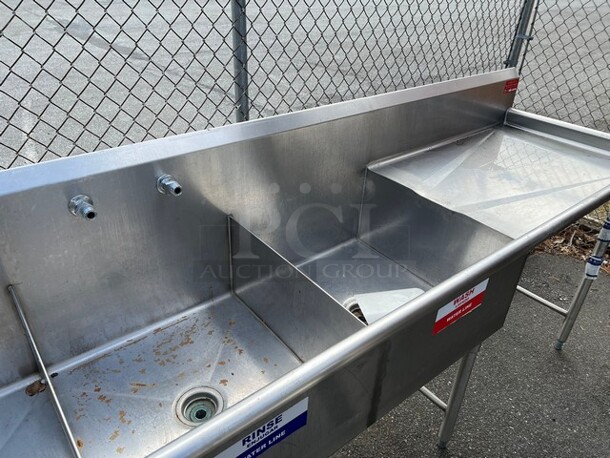 Stainless Steel Commercial 3 Bay Sink w/ Dual Drainboards. 126x27x44. Bays 22x24x12. Left Drainboard 22x24x2. Right Drainboard 35x24x2 - Image 3 of 4