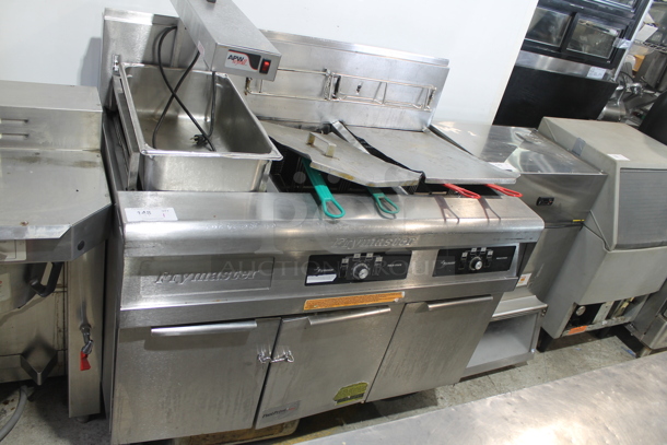 Frymaster FMPH250SC Stainless Steel Commercial Natural Gas Powered 2 Bay Fryer w/ Left Side Dumping Station, 4 Metal Fry Baskets and 3 Lids on Commercial Casters. 80,000 BTU. 