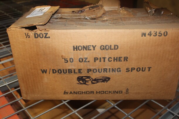 NEW IN BOX! 1 Box (6 Count) Anchor Hocking Honey Gold 50oz Pitchers With Double Pouring Spouts. 6X Your Bid!  - Image 2 of 2