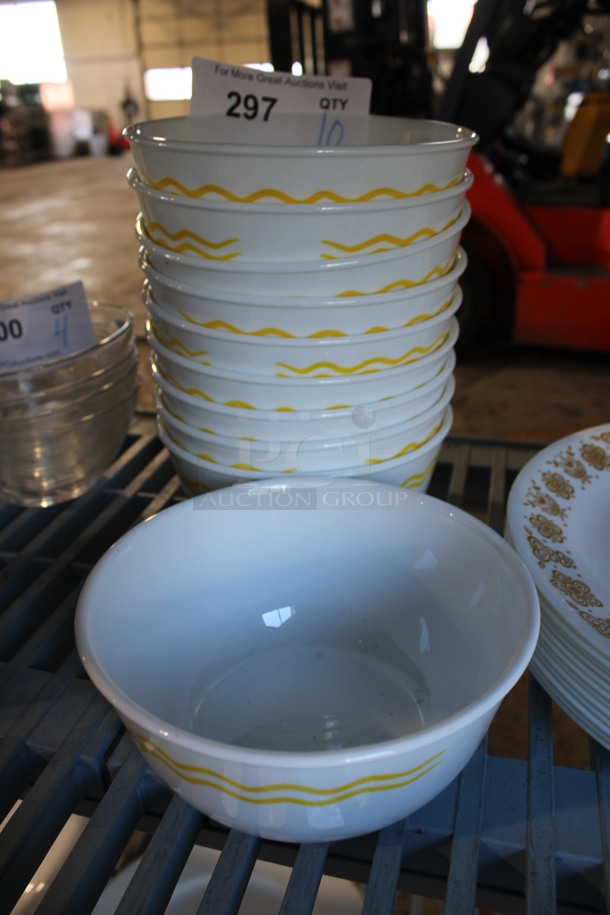 10 White Ceramic Bowls w/ Yellow Lines on Exterior. 6x6x3. 10 Times Your Bid!