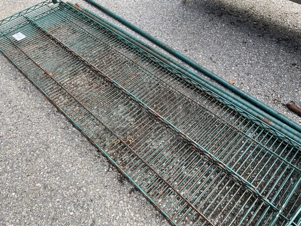 ALL ONE MONEY! Lot of 2 Green Finish Shelves and 4 Green Finish Poles! 72x21x1.5, 73" - Image 3 of 3