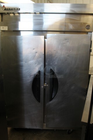 Victory VR-2 Stainless Steel Commercial 2 Door Reach In Cooler on Commercial Casters. 115 Volts, 1 Phase. Tested and Working!