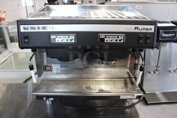 Unic Model TW.RUMBA Stainless Steel Commercial 2 Group Espresso Machine w/ 2 Steam Wands. 220 Volts, 1 Phase. 26x22.5x23