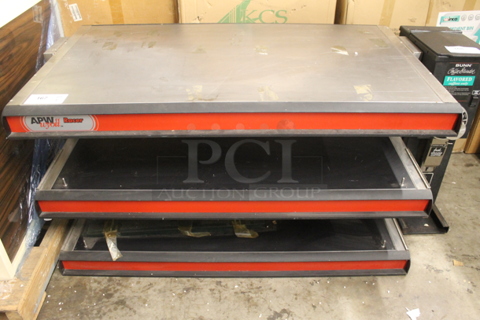 APW Wyott DMXD-48H Metal Commercial Countertop 3 Tier Warming Display Case Merchandiser. 120/208 Volts, 1 Phase. 