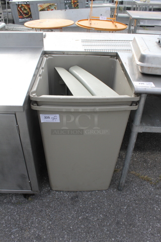 2 Tan Poly Trash Cans w/ 2 Lids. 2 Times Your Bid!
