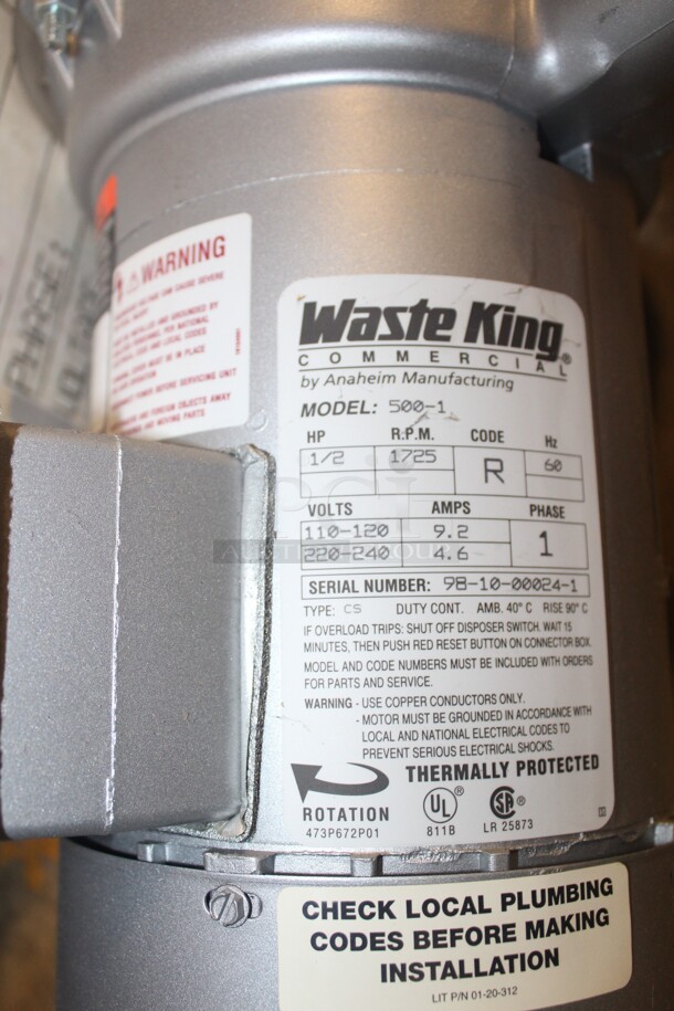 NEW! Waste King Model 500-1 1/2 Horsepower Commercial Food Disposer. 9x11x19  120/220V. 1 Phase.  - Image 2 of 3