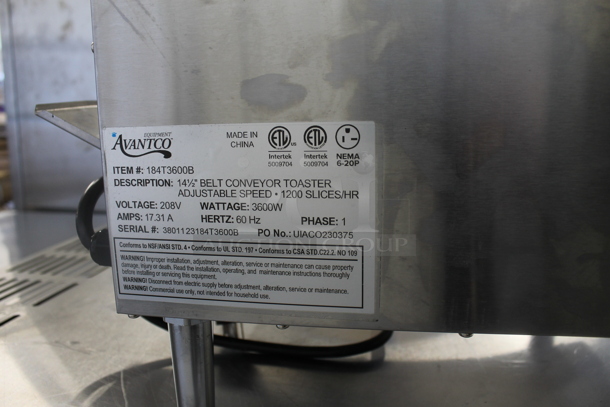 BRAND NEW SCRATCH AND DENT! Avantco 184T3600B Stainless Steel Commercial Countertop 14 1/2" Wide Conveyor Toaster with 3" Opening - 208V, 3600W, 1200 Slices per Hour. 208 Volts, 1 Phase. Tested and Working! - Image 5 of 6