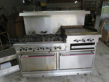 One Garland 6 Burner/24 Inch Griddle Natural Gas Range With 4 Racks, Over Shelf And Salamander. Model# H283. 60X33X59