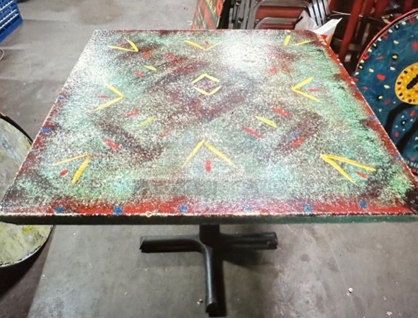 One 30X30X30 Abstract Painted  Table Top On A Pedestal Base. Chipped Corner See Pic. - Image 1 of 3