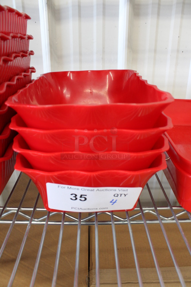 4 Red Poly Bowl Trays. 6.5x10x3. 4 Times Your Bid!